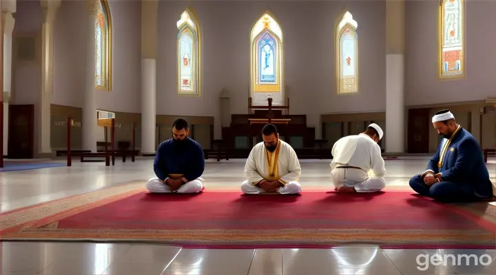 ChatGPT
I apologize for the misunderstanding. Here's a refined prompt designed for Leonardo.ai to ensure all individuals are represented:
Create an image of a peaceful, shared space where four men of different faiths are praying together. Depict:
A Muslim man kneeling on a prayer rug, reciting verses from the Quran.
A Hindu man sitting cross-legged, chanting mantras.
A Christian man kneeling with hands clasped in silent prayer.
A Jewish man standing, wrapped in a tallit, reciting prayers from the Torah.
Ensure that each man is engaged in his own prayer ritual, showcasing the harmony and respect among diverse religions in one unified space , realistic, 4k,wide shot