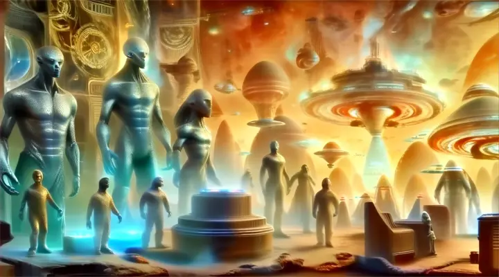 a group of people standing in front of a space station
