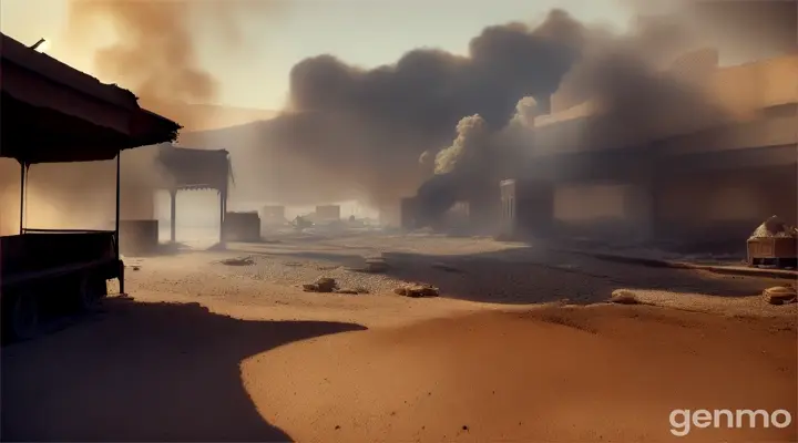 a bombed arab market in the dessert on fire, photorealistic, gloomy look,
