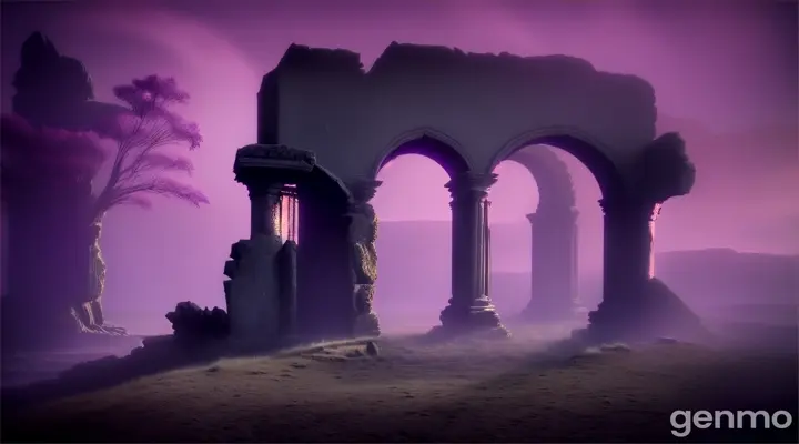 [DVD screengrab 1980 cinema movie] [Dark fantasy] Ancient ruin landscape surrounded by purple mist. In the center are a Skeleton stuck in a stone.