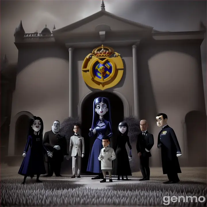  They are all dressed in the Real Madrid uniform All the members of the Addams family, led by Wednesday, wear Real Madrid shirts and celebrate that today is Wednesday. They are surrounded by monsters outside their house, with vibrant storm colors in a 3D digital animation style like Pixar. With the Real Madrid shield behind 