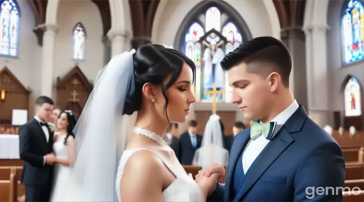 inside the church, a young woman with long black hair in white wedding dress and a young man with buzz cut black hair cut in blue suit and blue Bow tie standing at the church counter holding hands in front of group of people