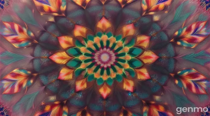 A mandala made of symmetrical flower blooms, with colors reflecting in the crystal