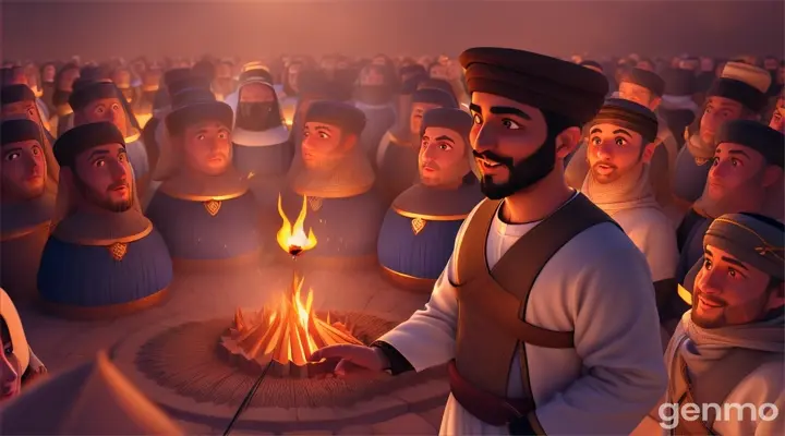 3d animation cartoon (An Arab narrator wearing djellaba stands amidst a gathering of people, his eyes reflecting the flickering light of a campfire, his face illuminated by the glow. He speaks with a voice rich with emotion, his words weaving a tale that captures the attention of all who listen.) 