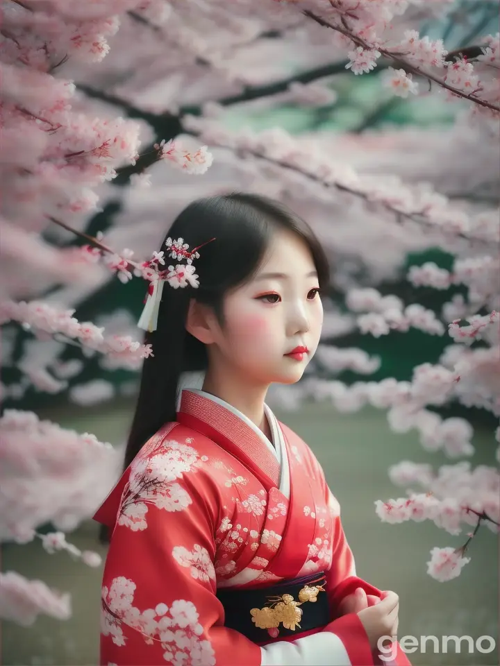 A beautiful, sad Asian girl standing among a flurry of cherry blossoms