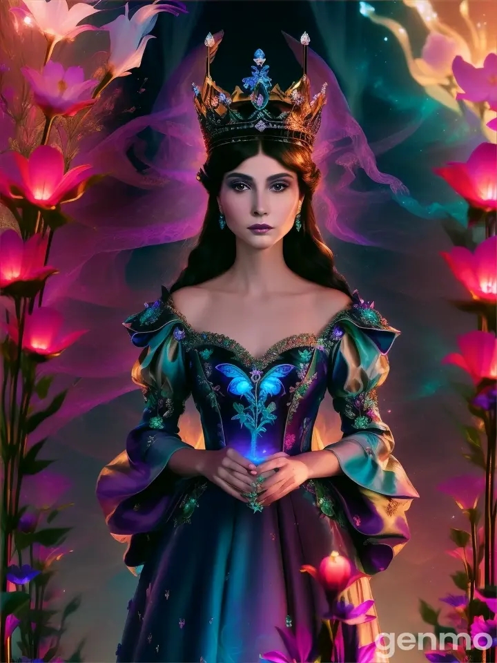 A powerful queen standing amidst surreal, otherworldly bioluminescent flowers, matching her dress and crown”