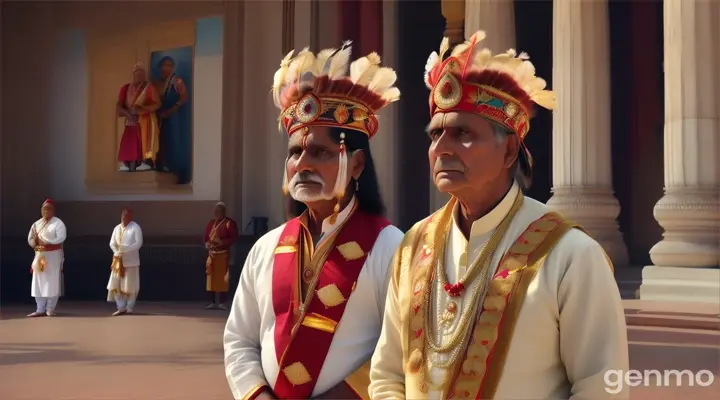 Show the indian Chief Minister, a 60-year-old fair-skinned, tall and brave man in simple attire, standing respectfully before the king in the royal palace. His demeanor is serious and attentive.