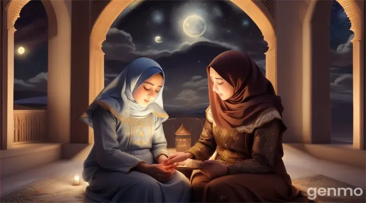 Muslim mother teaches Aisha about bedtime dua under a beautiful, starry night sky