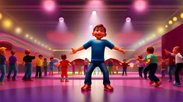 animate 3d:a dance hall with a small  baby child boy in diapers dancing in it with his face in