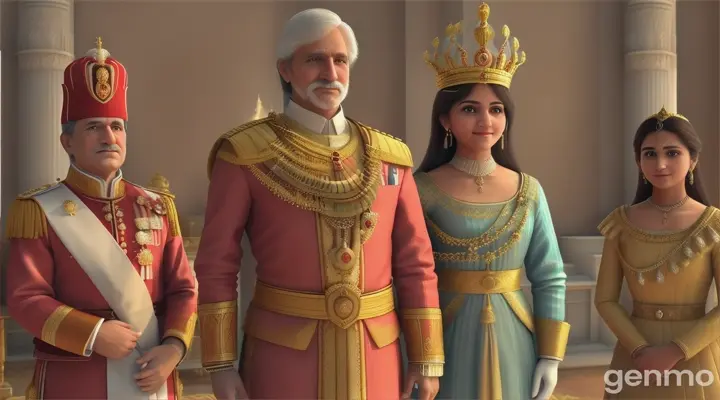 Show the Chief Minister, a 60-year-old fair-skinned, tall, and brave man in simple attire, standing solemnly before the king, acknowledging the order. Transition to Princess Sunaina, a 14-year-old fair and beautiful princess, adorned in magnificent royal attire, ready for her new journey. 3d rendering vibrant color