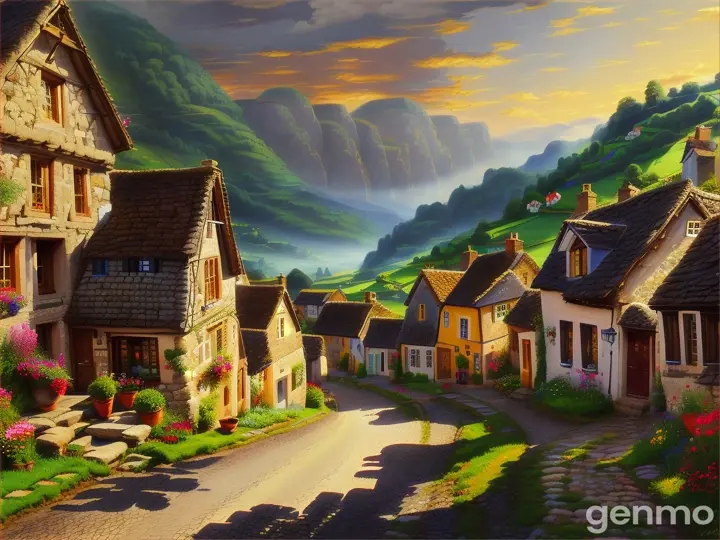 The Quaint Village:**
   - **Prompt:** A picturesque village nestled in a lush valley, with cobblestone streets, cozy cottages, and villagers bustling about.