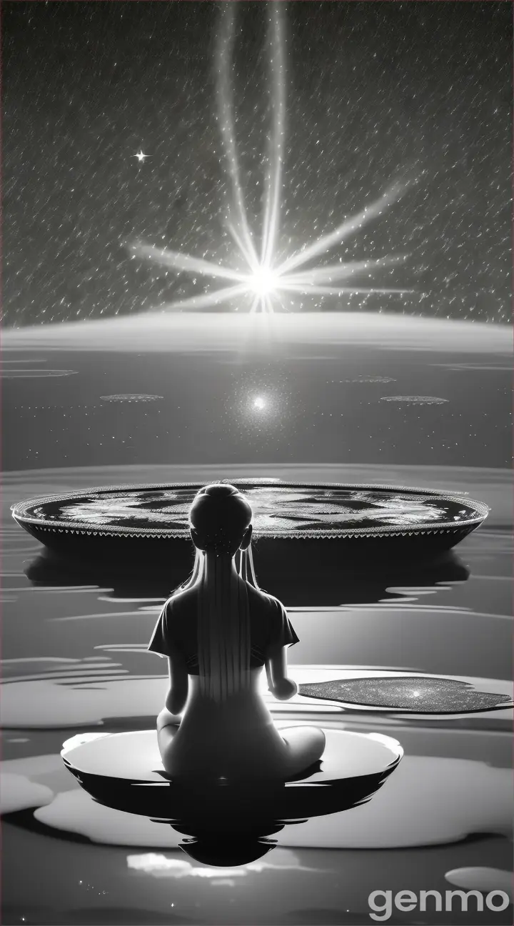 A black and white portrait of a meditating figure over a flat earth lit by a glittering, star-filled sky meditation figure facing away from camera 