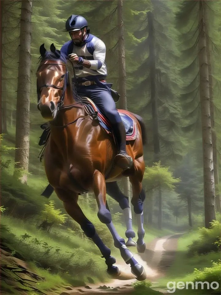 a man riding on the back of a brown horse through a forest