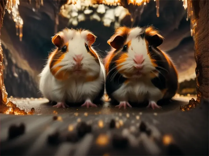 Guinea pigs in a cave with glowing stalagtites
