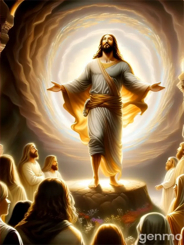 a painting of jesus standing in the midst of a group of people