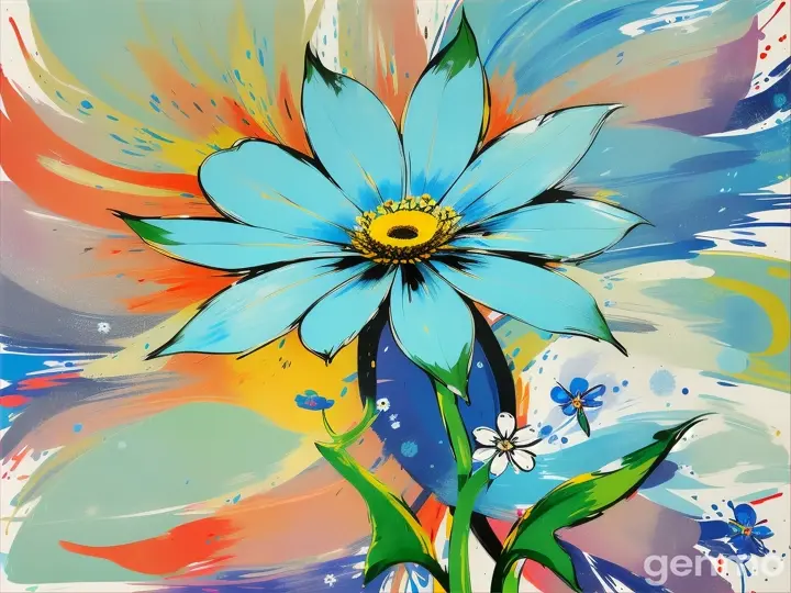 Drawing: bright day, stylized forget-me-not flower Myosotis flower with a stem against a background of blue sky and sun (large strokes with strokes, strokes, blots) On an abstract pop art background with spots and strokes. Рисунок: яркий день, стилизованный цветок незабудки со стеблем на фоне голубого неба и солнца (крупные штрихи со штрихами, штрихами, кляксами) На абстрактном фоне поп-арта с пятнами и штрихами.


