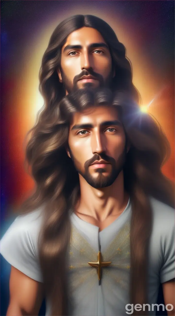 Jesucristo hiper realista con zoom en el universo celestial rodeado de luz brillante inspira paz y calma precioso 