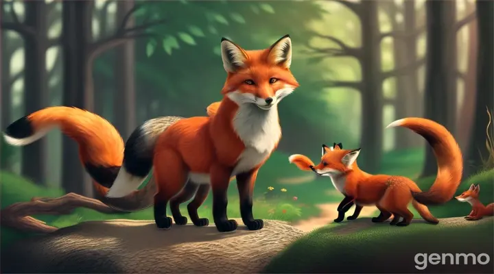 Illustrate a single fox with a tail being mocked by tailless foxes.