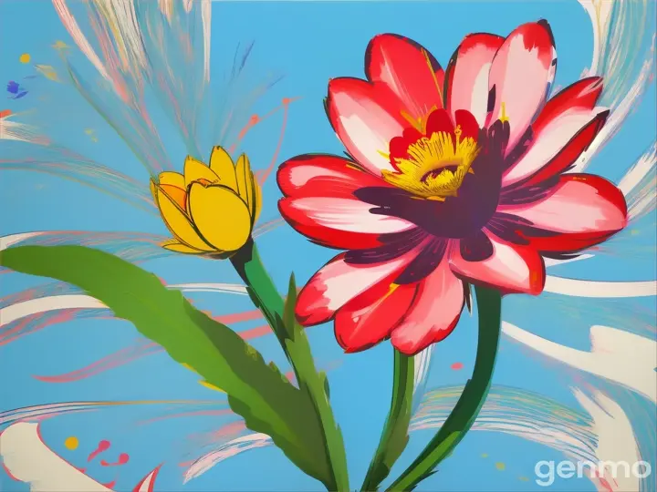 Drawing: bright day, stylized годеция  godetia flower with a stem against a background of blue sky and sun (large strokes with strokes, strokes, blots) On an abstract pop art background with spots and strokes. Рисунок: яркий день, стилизованный цветок годеция со стеблем на фоне голубого неба и солнца (крупные штрихи со штрихами, штрихами, кляксами) На абстрактном фоне поп-арта с пятнами и штрихами.