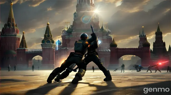 A hyperrealistic depiction of a fight on Moscow's Red Square, with the ominous shadow of a celestial alignment casting colored light on distorted, morphing pillars that crackle and shoot beams of bright light