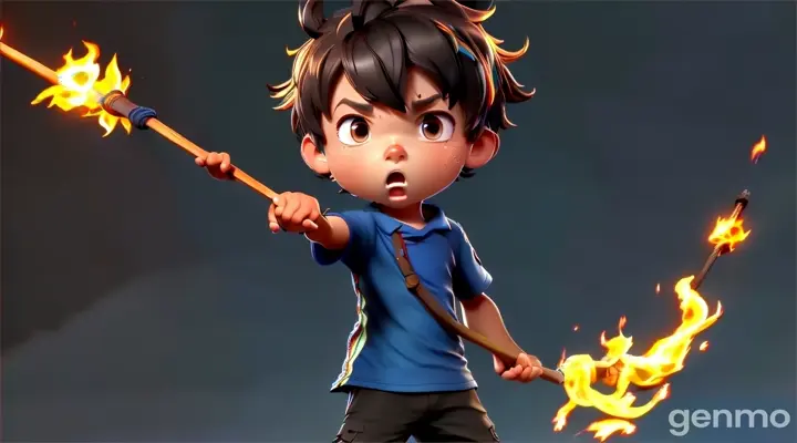 a cartoon boy holding a fire stick. let the fire stick in his hands burst into flames 