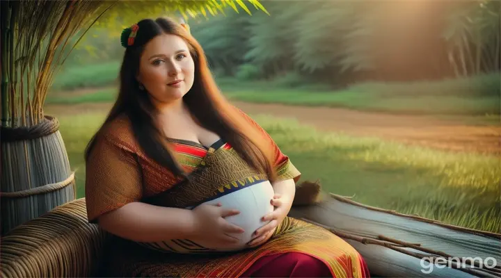 beautiful pragnent blonde Russian woman plus size, Long hair, Zulu traditional dress for plus size, sitting bamboo Zulu life