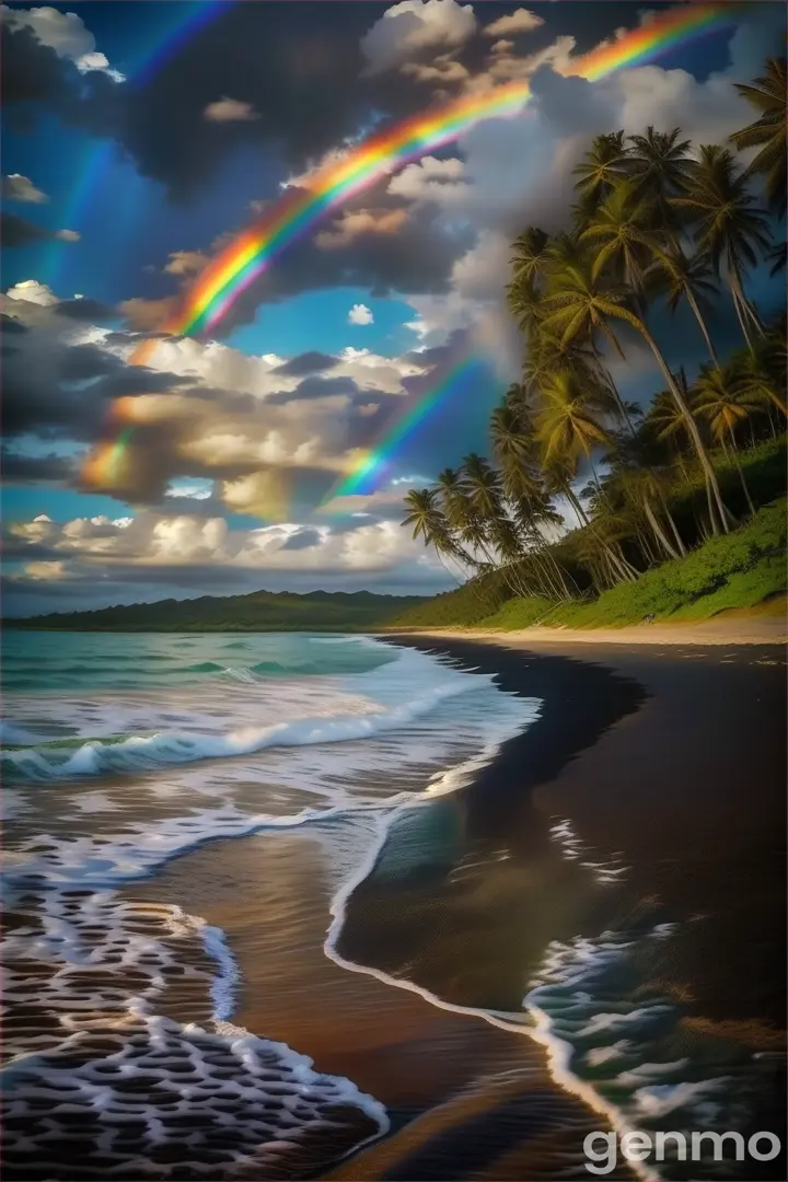 a rainbow over a beach with palm trees