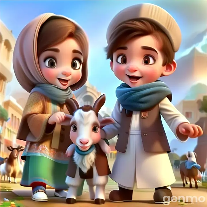 a boy and a girl are standing in front of a goat