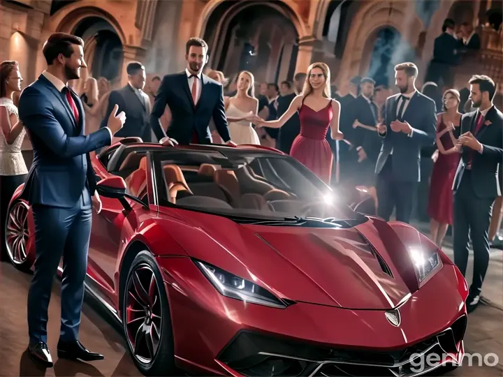 a man in a suit standing next to a red sports car