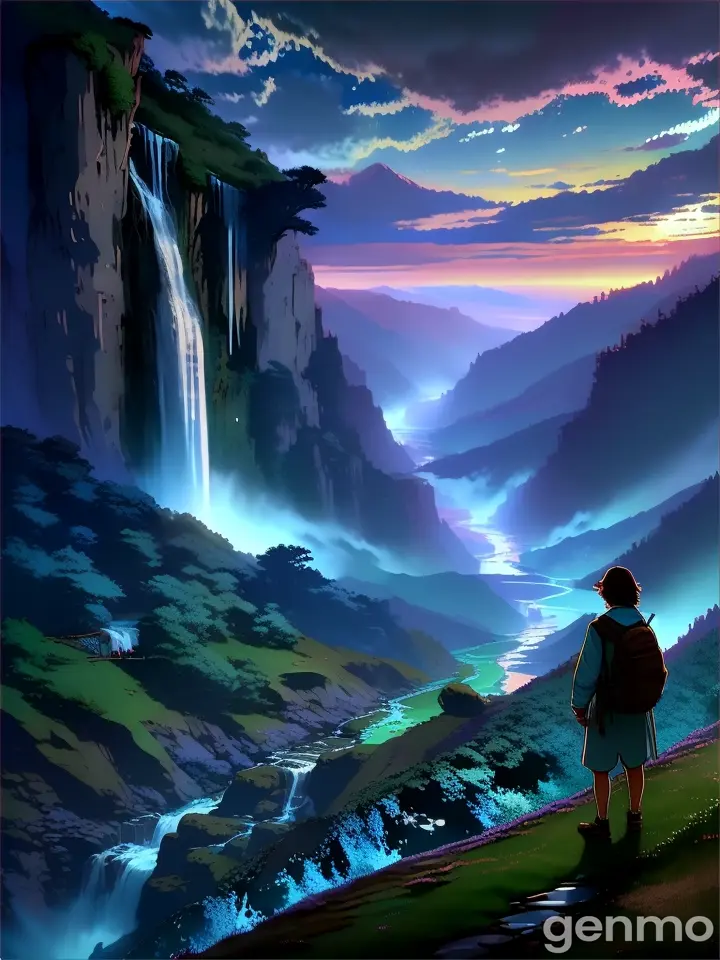 a person standing looking at a waterfall from afar with a magical atmosphere 