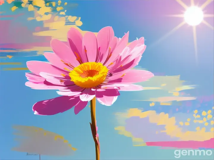 Drawing: bright day, stylized pink adonis flower with a stem against a background of blue sky and sun (large strokes with strokes, strokes, blots) On an abstract pop art background with spots and strokes. Рисунок: яркий день, стилизованный розовый цветок адонис со стеблем на фоне голубого неба и солнца (крупные штрихи со штрихами, штрихами, кляксами) На абстрактном фоне поп-арта с пятнами и штрихами.
