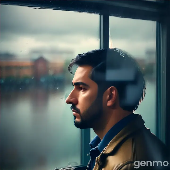 cover of a musical album called "QUISIERA" With a background in blue tones of a man watching the rain through his window, nostalgic and sad