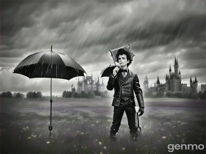 A Tim Burton-esque young man stands in the rain holding a whimsical umbrella over a colorful field with a towering Gothic castle in the distance
