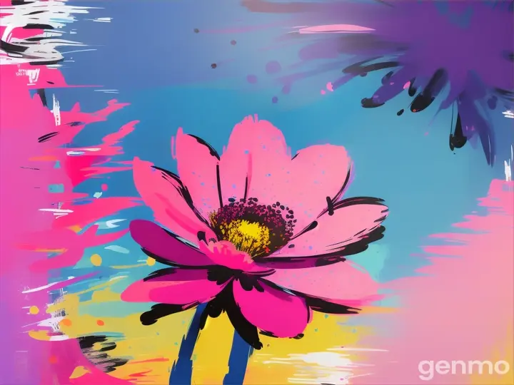 Drawing: bright day, stylized pink adonis flower with a stem against a background of blue sky and sun (large strokes with strokes, strokes, blots) On an abstract pop art background with spots and strokes. Рисунок: яркий день, стилизованный розовый цветок адонис со стеблем на фоне голубого неба и солнца (крупные штрихи со штрихами, штрихами, кляксами) На абстрактном фоне поп-арта с пятнами и штрихами.
