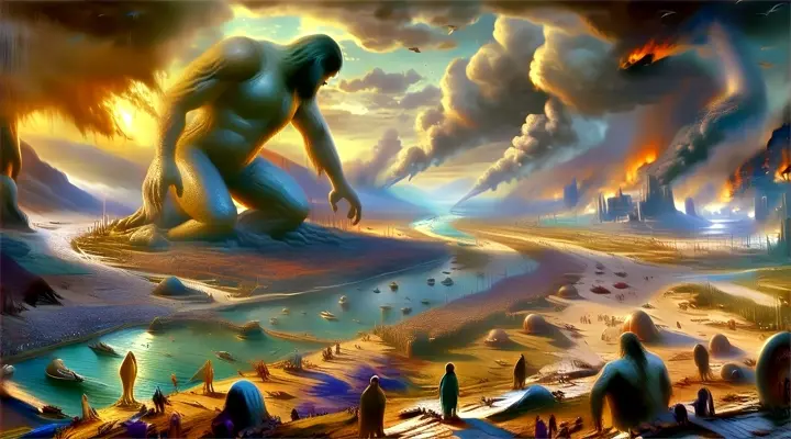 a painting of a giant man standing in the middle of a forest