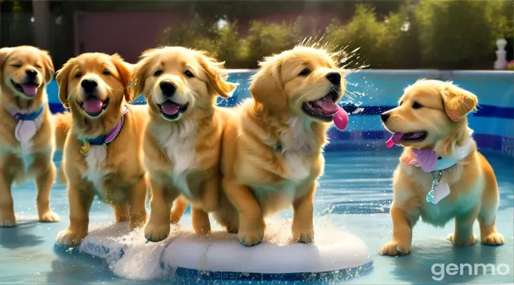 A golden retriever puppy jumping into a pool with other puppies on a sunny day