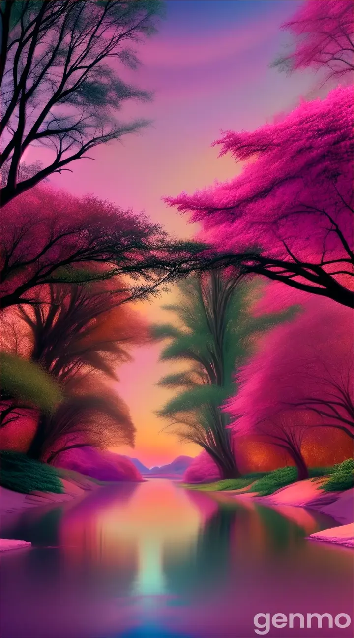 Surreal oasis with bright pink trees, green water, and purple sand at sunset, with a galaxy in the sky,sky mirror, and perspective effect