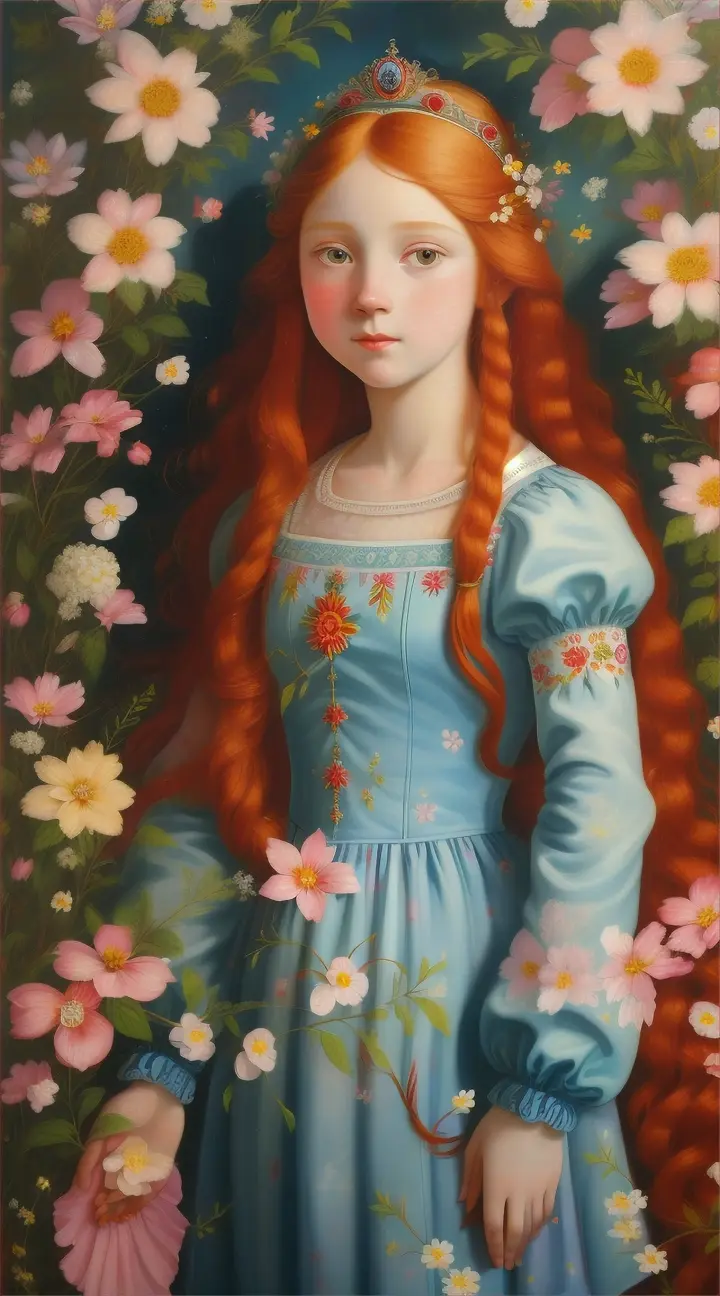 Artwork in oil painting relief a young girl with long,red hair adorned with white flowers. She has large, expressive eyes and is wearing a light blue dress. The background is filled with a vibrant array of flowers in various colors, including pink, yellow, and white. The setting appears to be a meadow or garden, with the flowers spread out in a dense, almost dreamlike manner., painting, vibrant