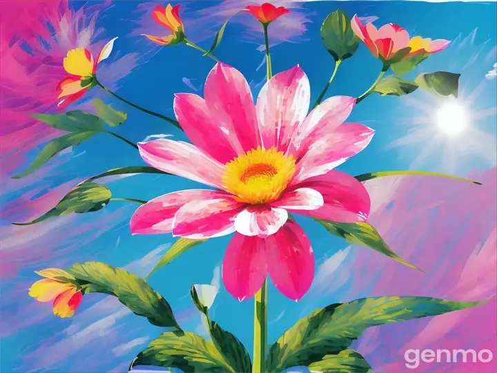 Drawing: bright day, stylized pink Laperusia flower with a stem against a background of blue sky and sun (large strokes with strokes, strokes, blots) On an abstract pop art background with spots and strokes. Рисунок: яркий день, стилизованный розовый цветок лаперузия со стеблем на фоне голубого неба и солнца (крупные штрихи со штрихами, штрихами, кляксами) На абстрактном фоне поп-арта с пятнами и штрихами.