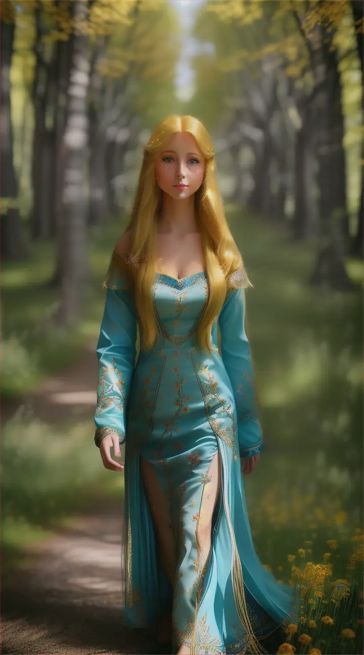 Create a net image a beautiful girl with long blond hair in a light blue dress, embroidered with golden threads. She walks in a forest with wildflowers and beech trees. High quality image that looks realistic. Fully three-dimensional. Very dynamic and cinematic illustration, BY CIRUELO CABRAL.