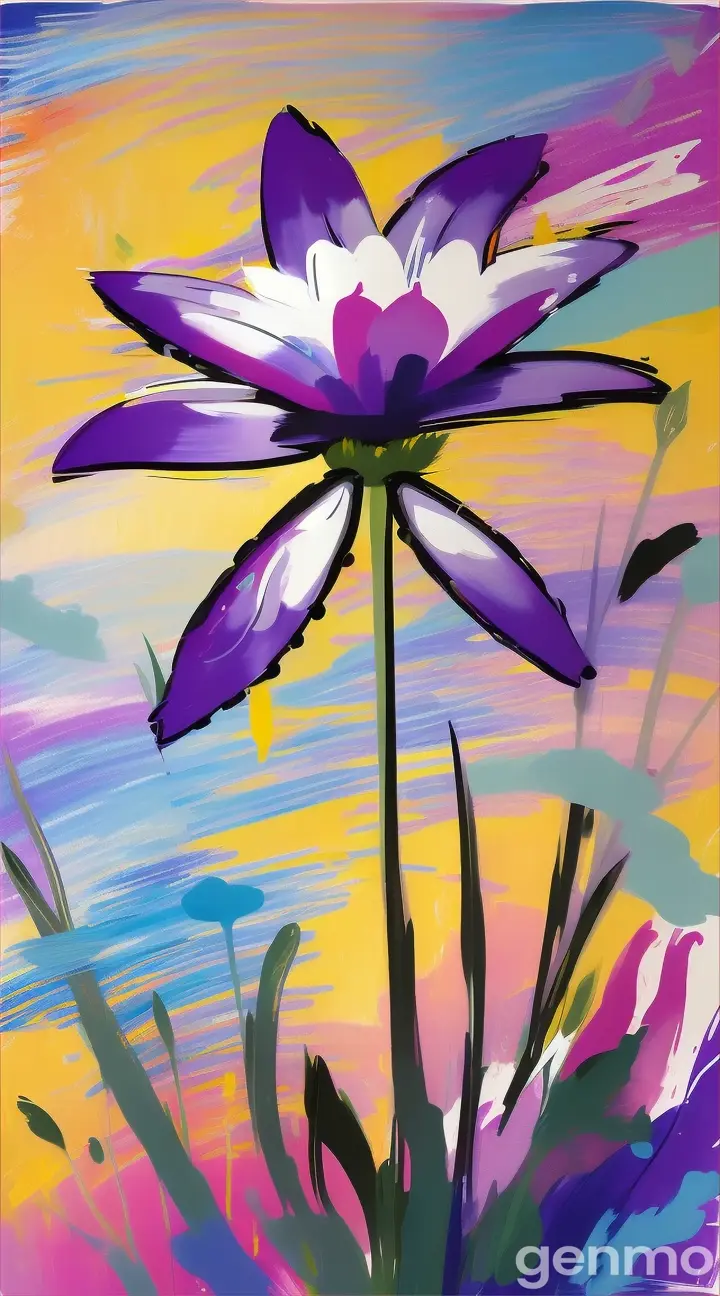 Drawing: bright day, stylized purple Chionodoxa flower with a stem against a background of sky and yellow sun (large strokes with strokes, strokes, blots) On an abstract pop art background with spots and strokes. Рисунок: яркий день, стилизованный пурпуровый цветок хионодокс со стеблем на фоне неба и жёлтого солнца (крупные штрихи со штрихами, штрихами, кляксами) На абстрактном фоне поп-арта с пятнами и штрихами.
