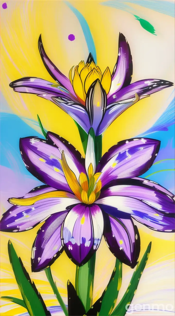 Drawing: bright day, stylized purple Chionodoxa flower with a stem against a background of sky and yellow sun (large strokes with strokes, strokes, blots) On an abstract pop art background with spots and strokes. Рисунок: яркий день, стилизованный пурпуровый цветок хионодокс со стеблем на фоне неба и жёлтого солнца (крупные штрихи со штрихами, штрихами, кляксами) На абстрактном фоне поп-арта с пятнами и штрихами.
