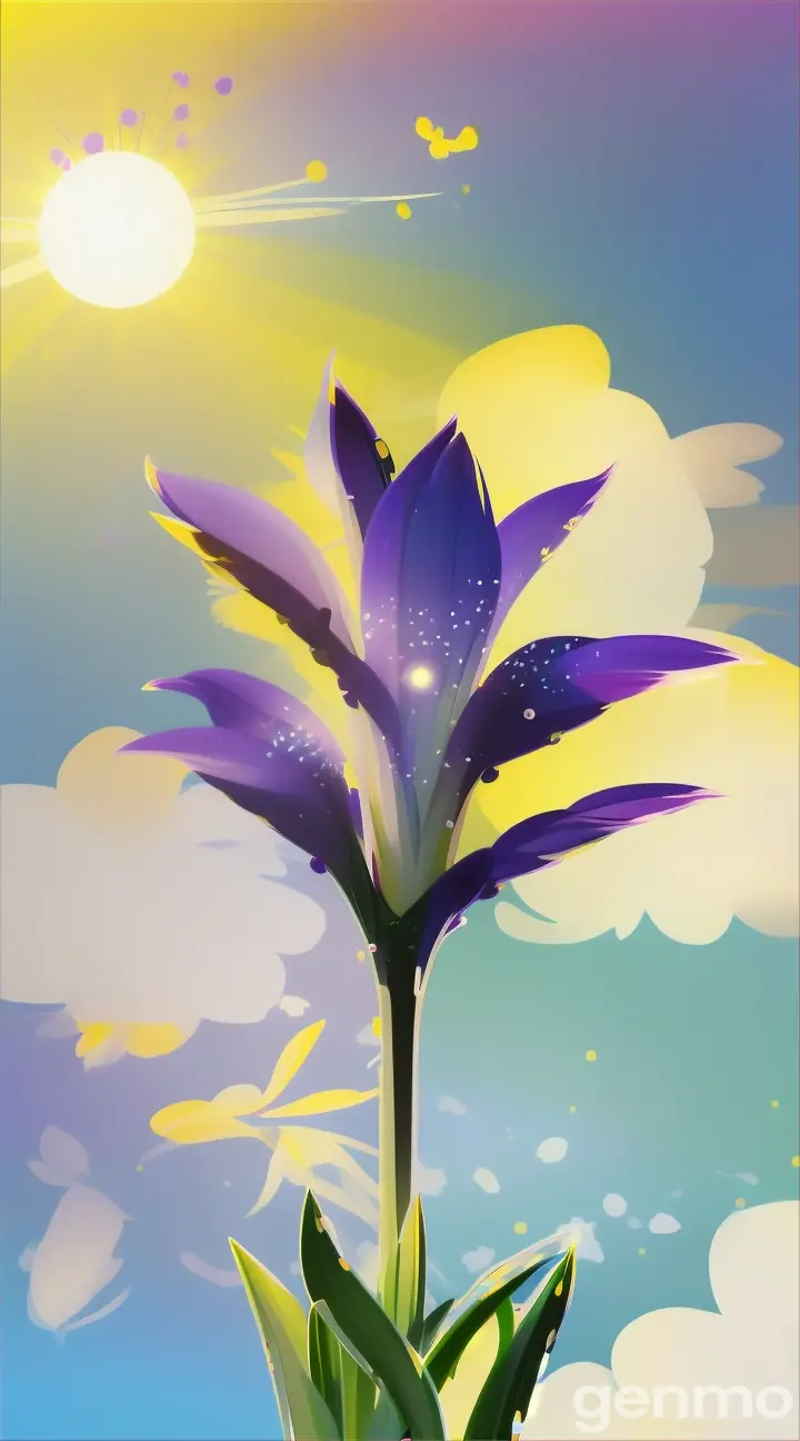 Drawing: bright day, stylized purple Chionodoxa flower with a stem against a background of sky and yellow sun (large strokes with strokes, strokes, blots) On an abstract pop art background with spots and strokes. Рисунок: яркий день, стилизованный пурпуровый цветок хионодокс со стеблем на фоне неба и жёлтого солнца (крупные штрихи со штрихами, штрихами, кляксами) На абстрактном фоне поп-арта с пятнами и штрихами.
