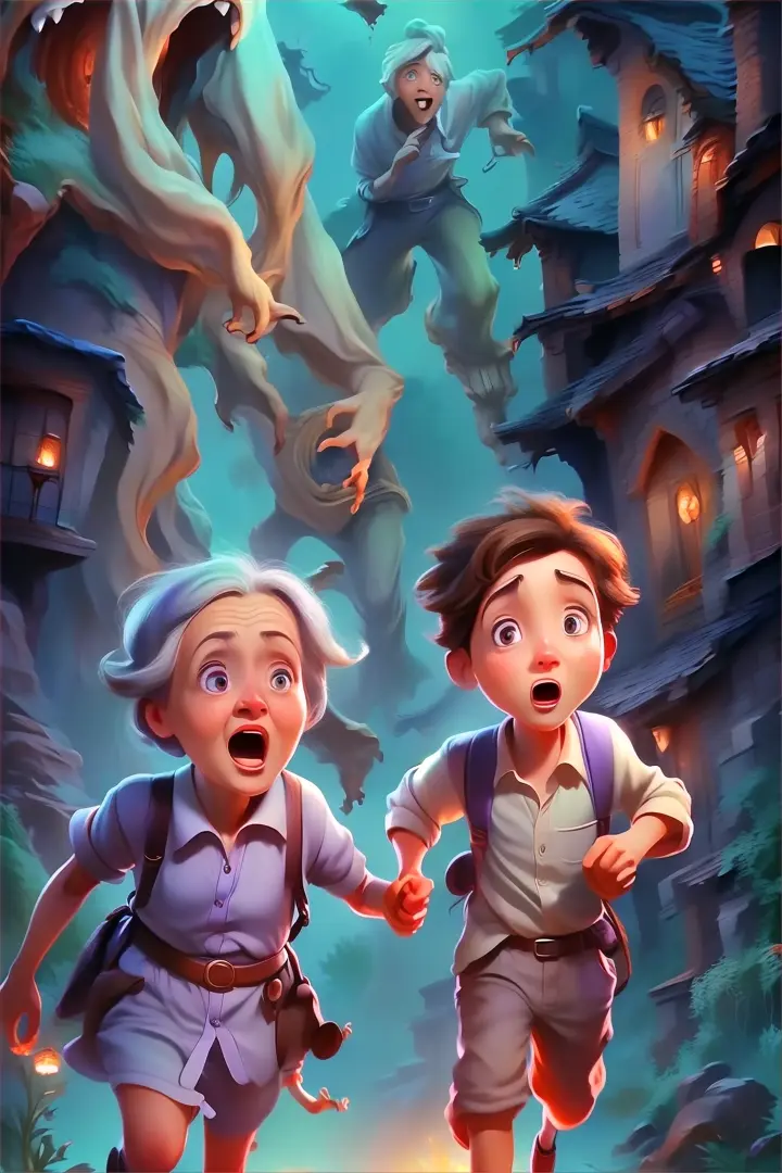 a painting an old woman and little boy running away from a monster (fantasy style)