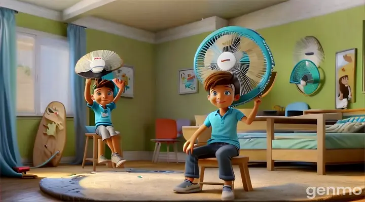 a cartoon boy sitting on a stool holding a fan