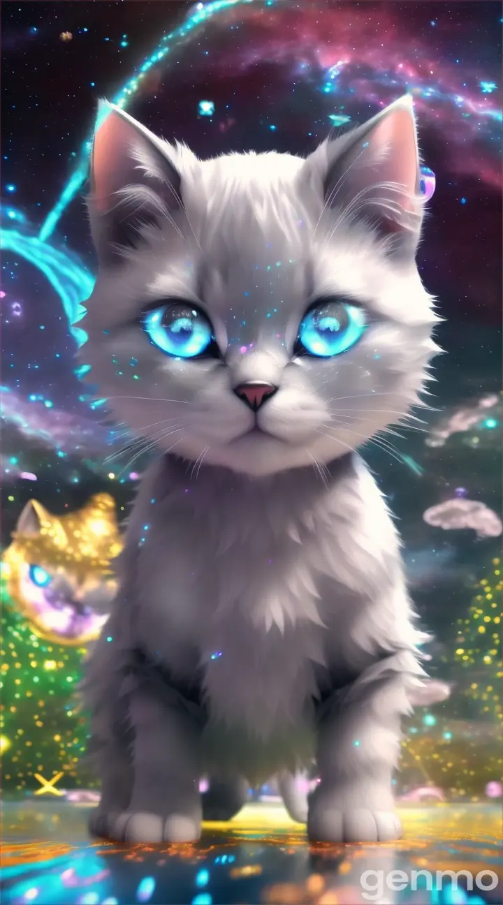 A cute futuristic kitten floating on a leaf through a cosmic landscape, with a nebula and glittering stars in the background, wearing a white or silver outfit with blue glowing eyes (9:16 ratio)