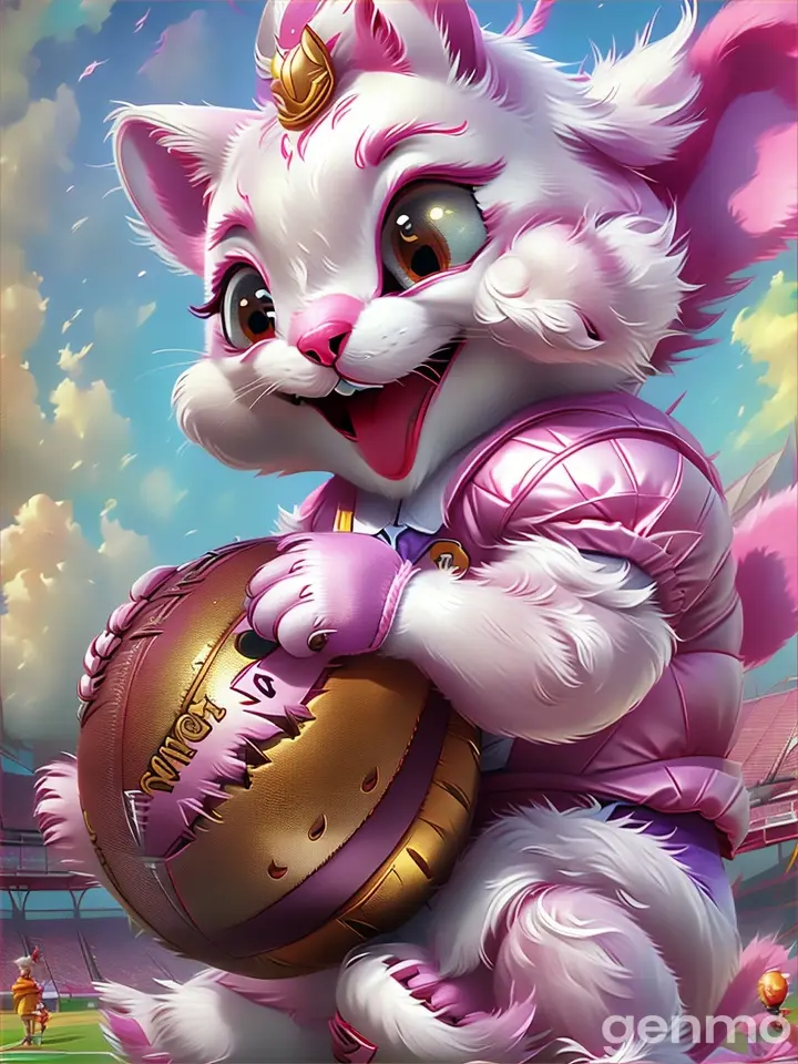 Cartoon cat playing football on a vintage sports field with a golden sunburst behind it