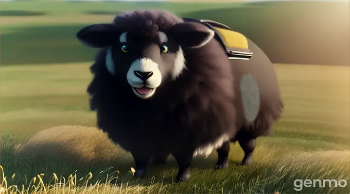  "Animated black sheep happily bouncing and nodding to the music, carrying three bags of wool." 3D