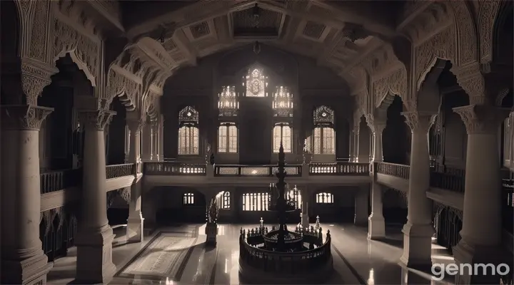 The **grand foyer** of the haveli, covered in a thick layer of dust with a grand staircase spiraling into darkness.