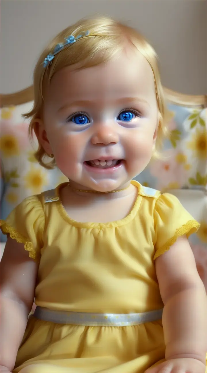 Cute 5 month old baby girl, blue eyes, blonde hair, sitting in a yellow dress, looking at the camera with a big smile